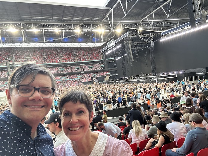Me and Wendy at Wembley between sets (self-portrait photo by us).
